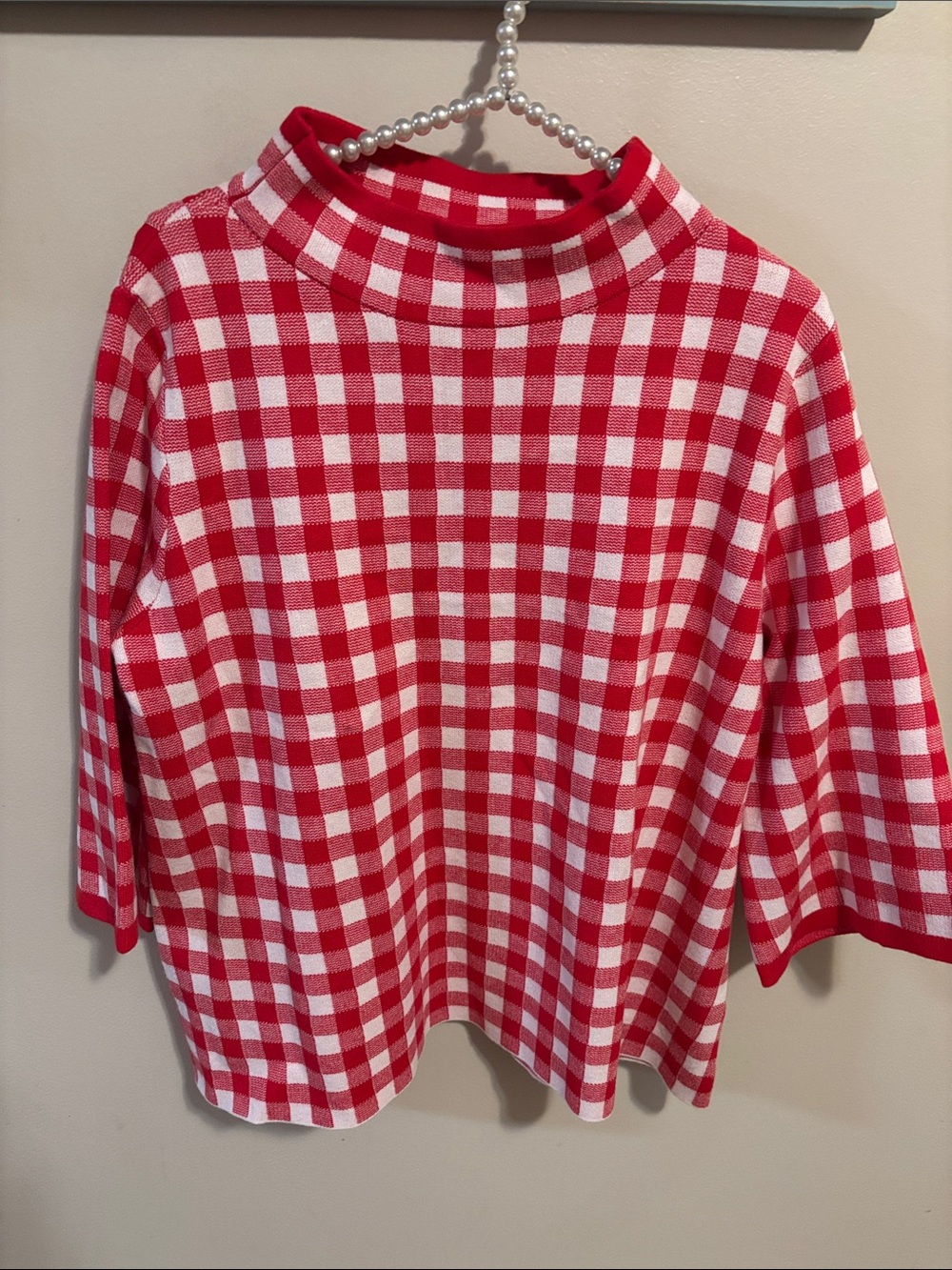 NEW Fate Gingham Sweater M Medium Red White Check Bell Sleeve Viscose Mock Neck